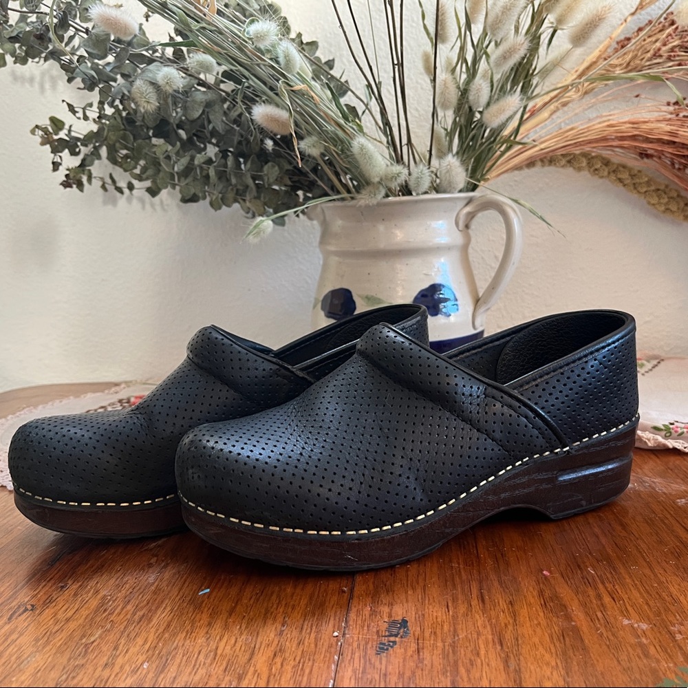 Perforated Leather Dansko Clogs EUC